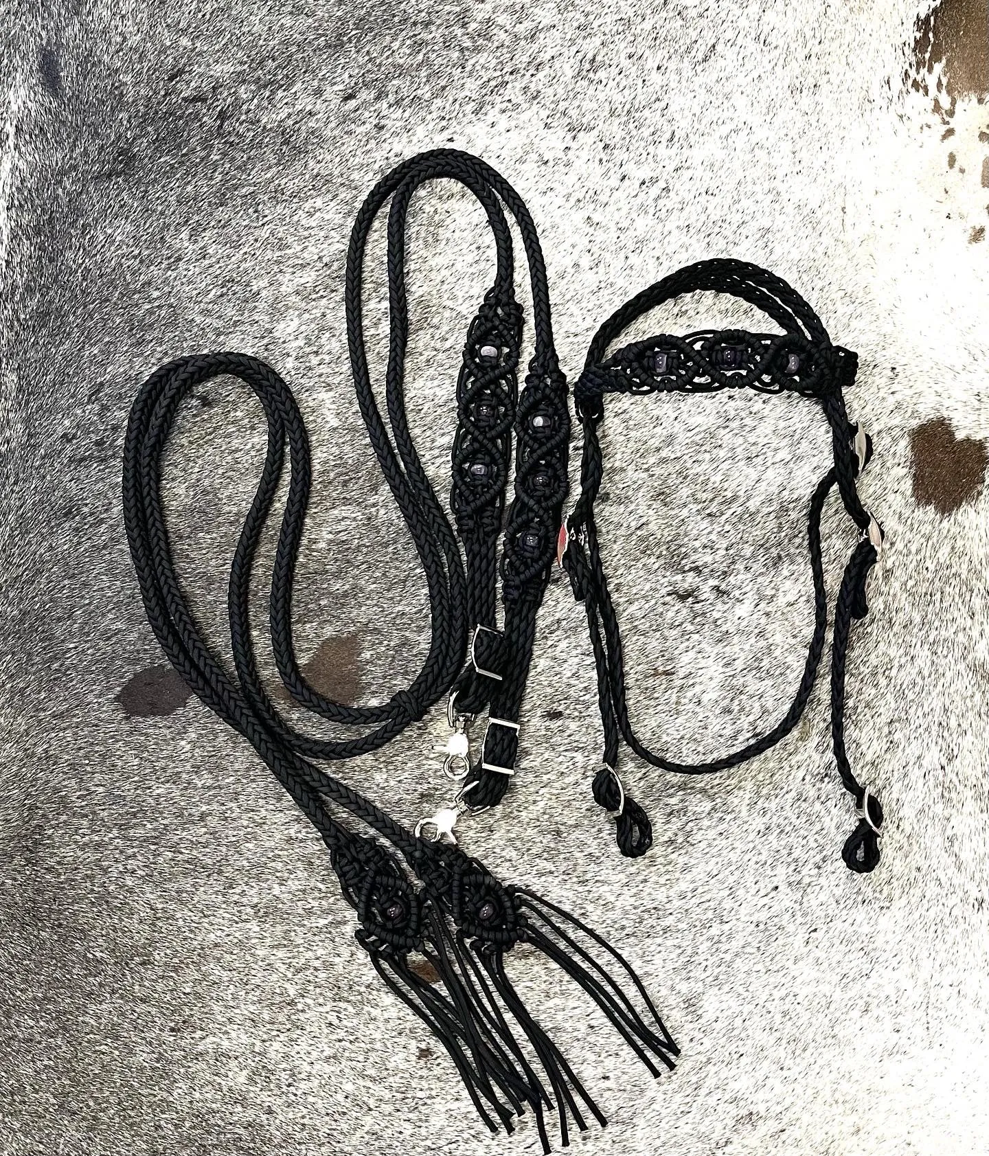 Black Beaded amethyst Browband Headstall with a fancy braided browband with matching reins....all sizes.