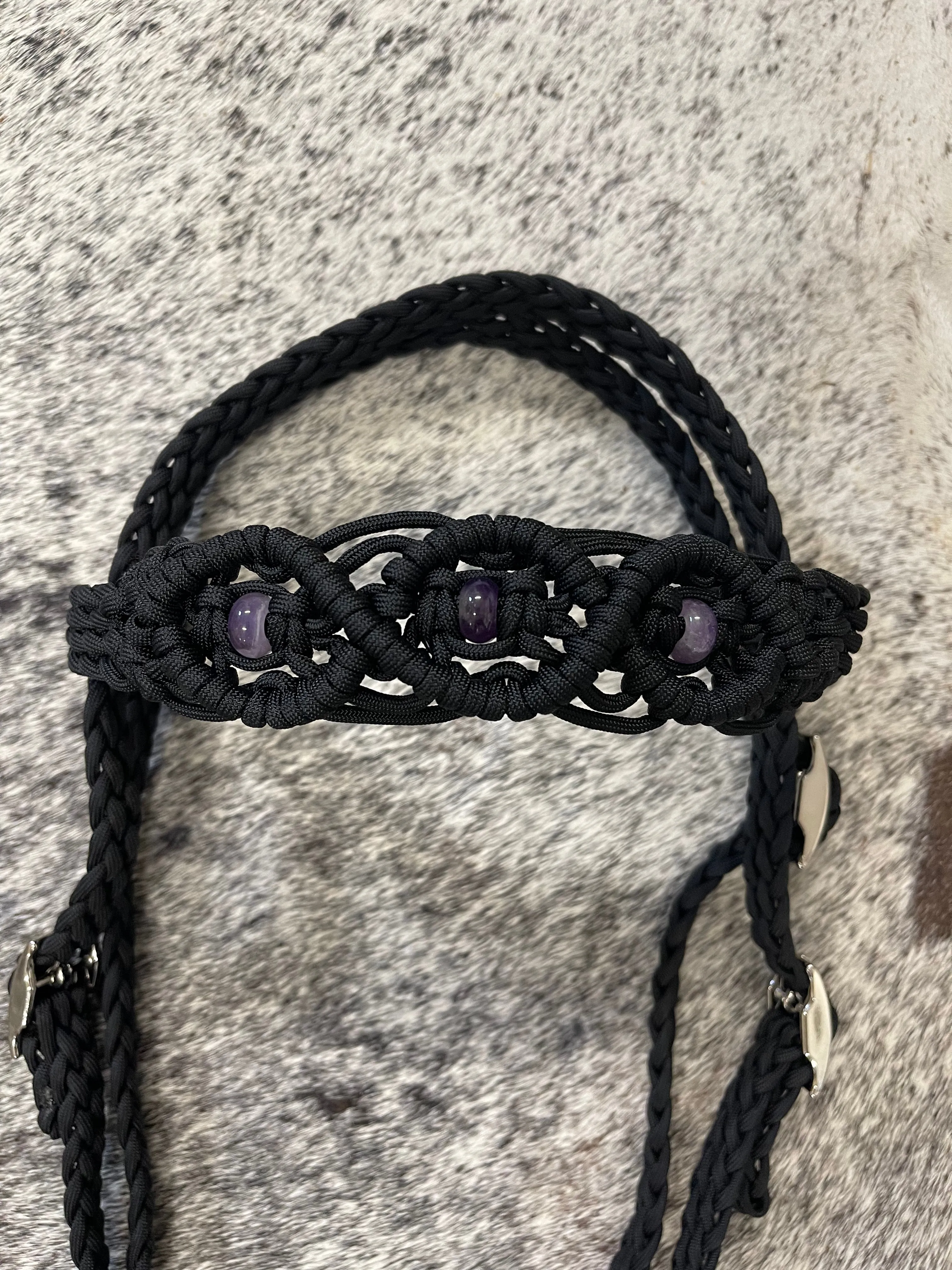 Black Beaded amethyst Browband Headstall with a fancy braided browband with matching reins....all sizes.