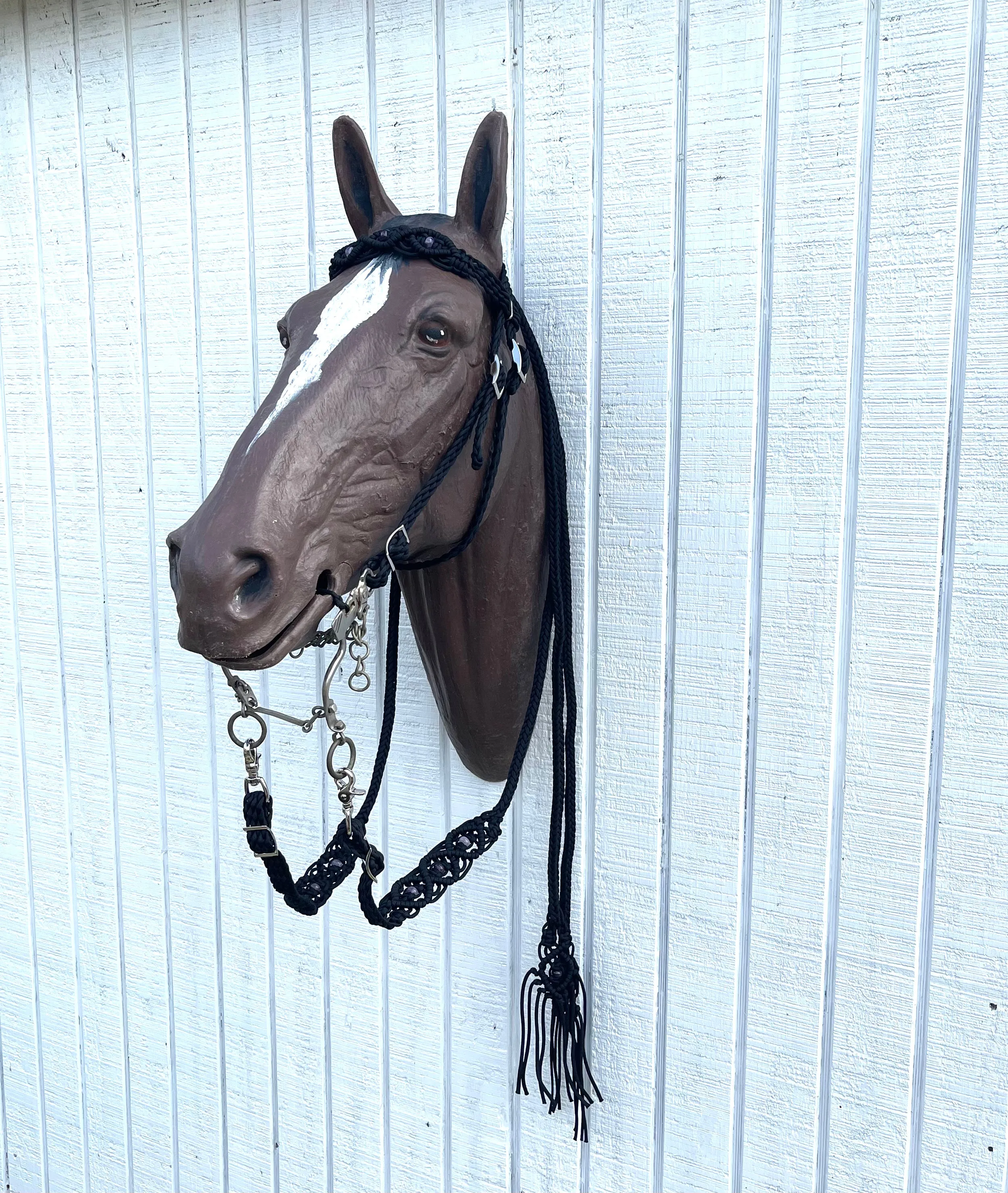 Black Beaded amethyst Browband Headstall with a fancy braided browband with matching reins....all sizes.