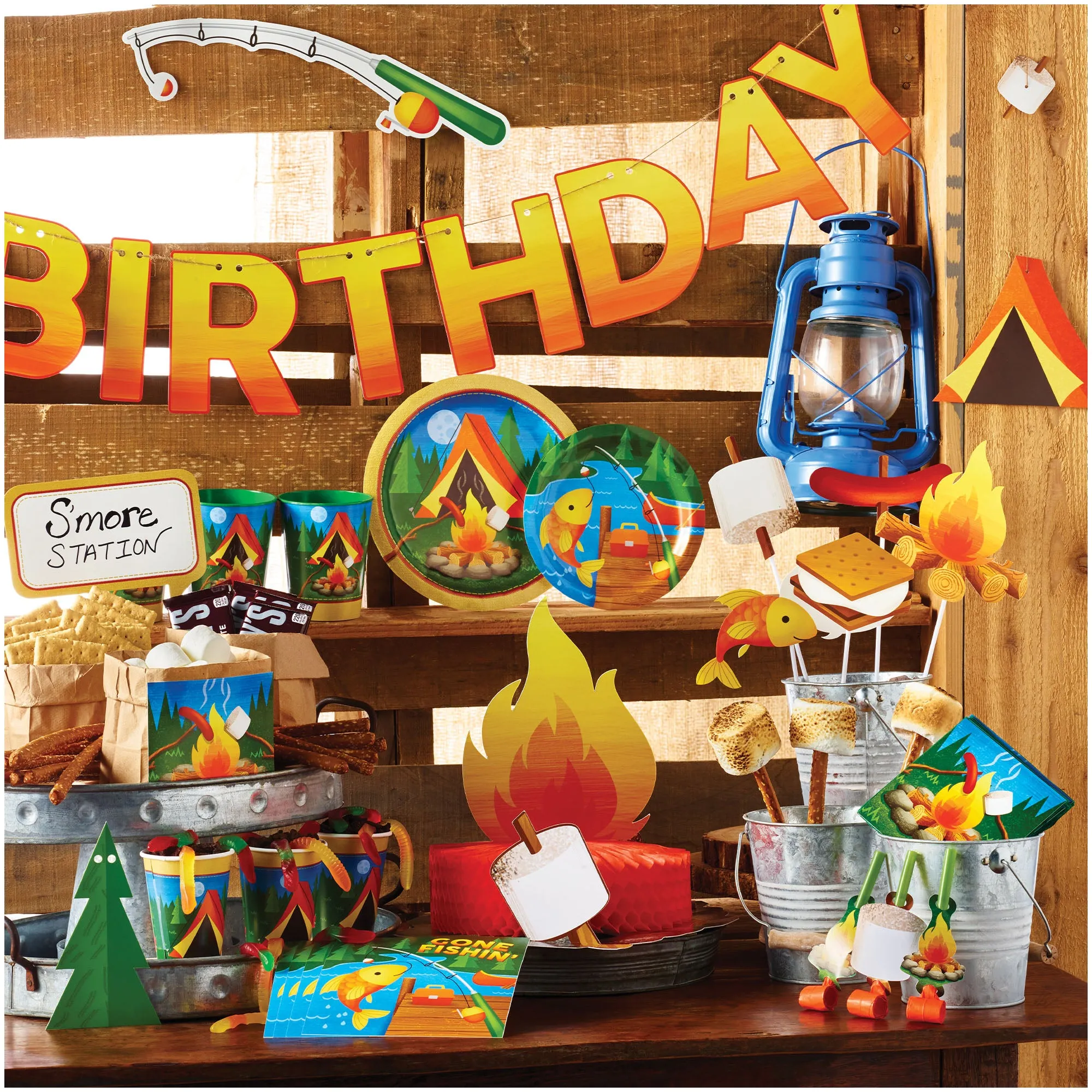 Camping Party Supplies - Round Paper Campfire Dinner Plates, Lunch Napkins, and Forks (Serves 16)