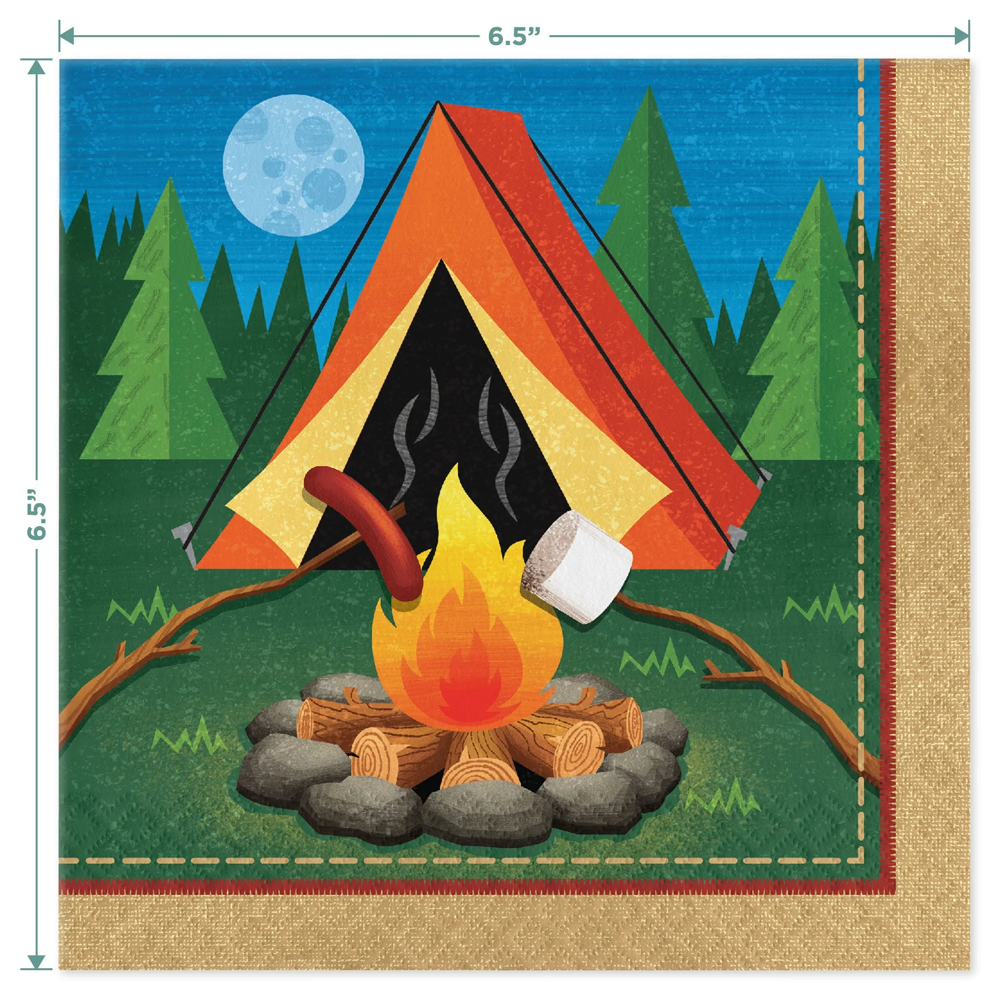 Camping Party Supplies - Round Paper Campfire Dinner Plates, Lunch Napkins, and Forks (Serves 16)