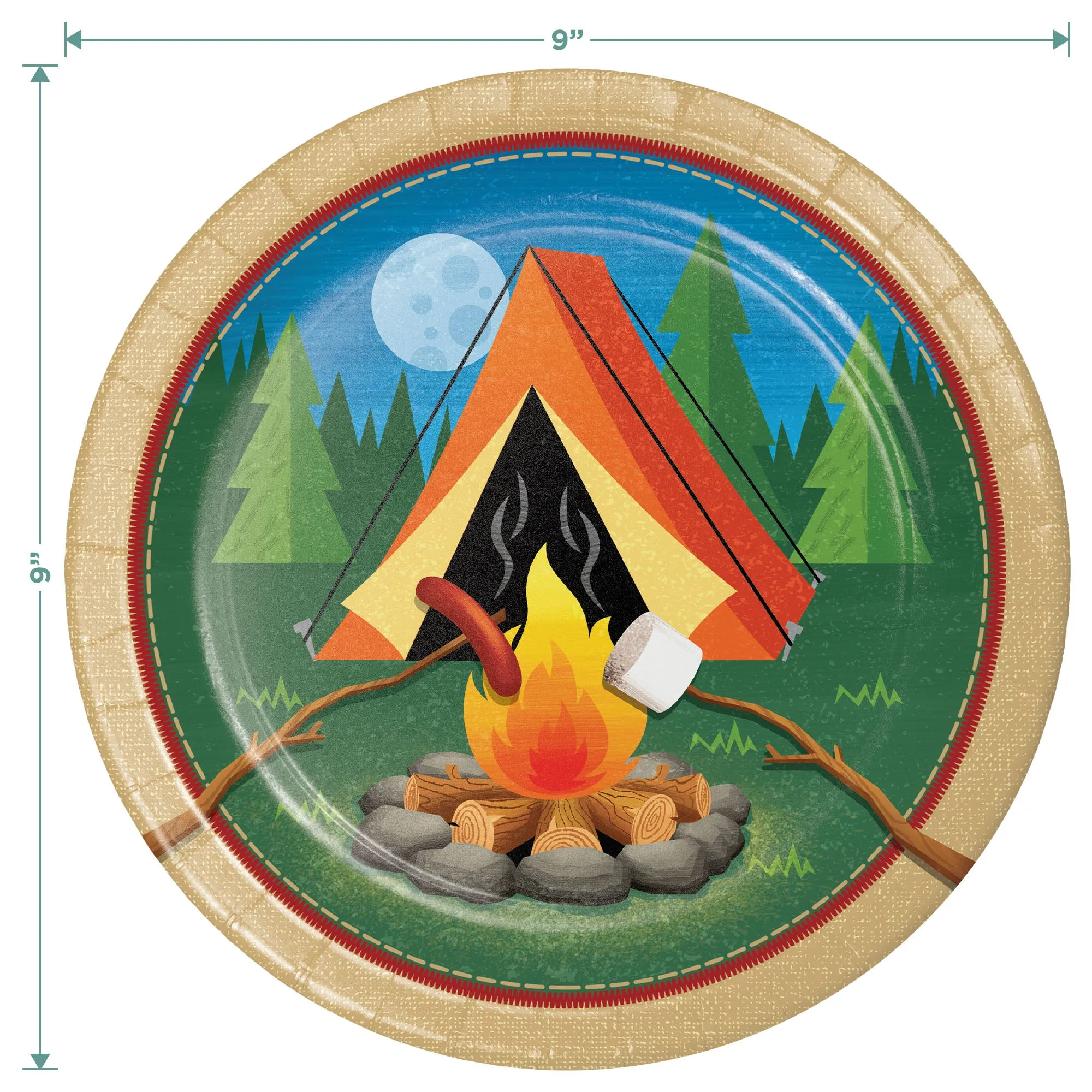 Camping Party Supplies - Round Paper Campfire Dinner Plates, Lunch Napkins, and Forks (Serves 16)