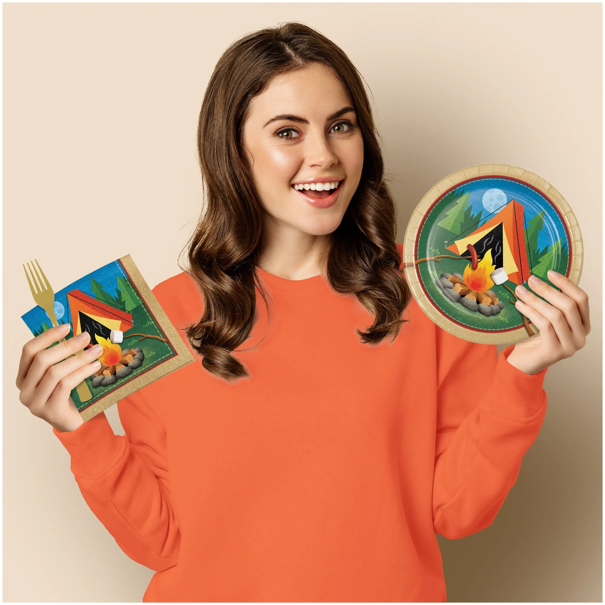 Camping Party Supplies - Round Paper Campfire Dinner Plates, Lunch Napkins, and Forks (Serves 16)