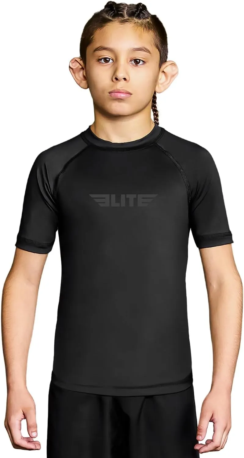 Elite Sports Kids' Jiu Jitsu BJJ Rash Guard, Short Half Sleeve Compression Shirt for Youth Boys Girls Sports Nogi Training