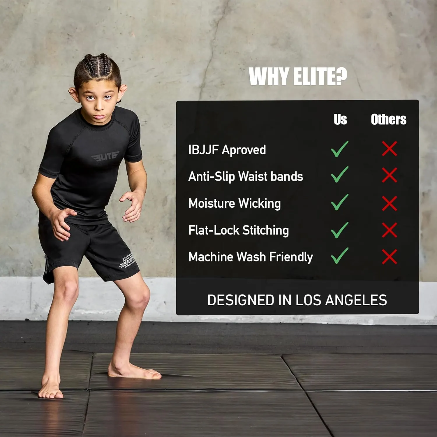 Elite Sports Kids' Jiu Jitsu BJJ Rash Guard, Short Half Sleeve Compression Shirt for Youth Boys Girls Sports Nogi Training