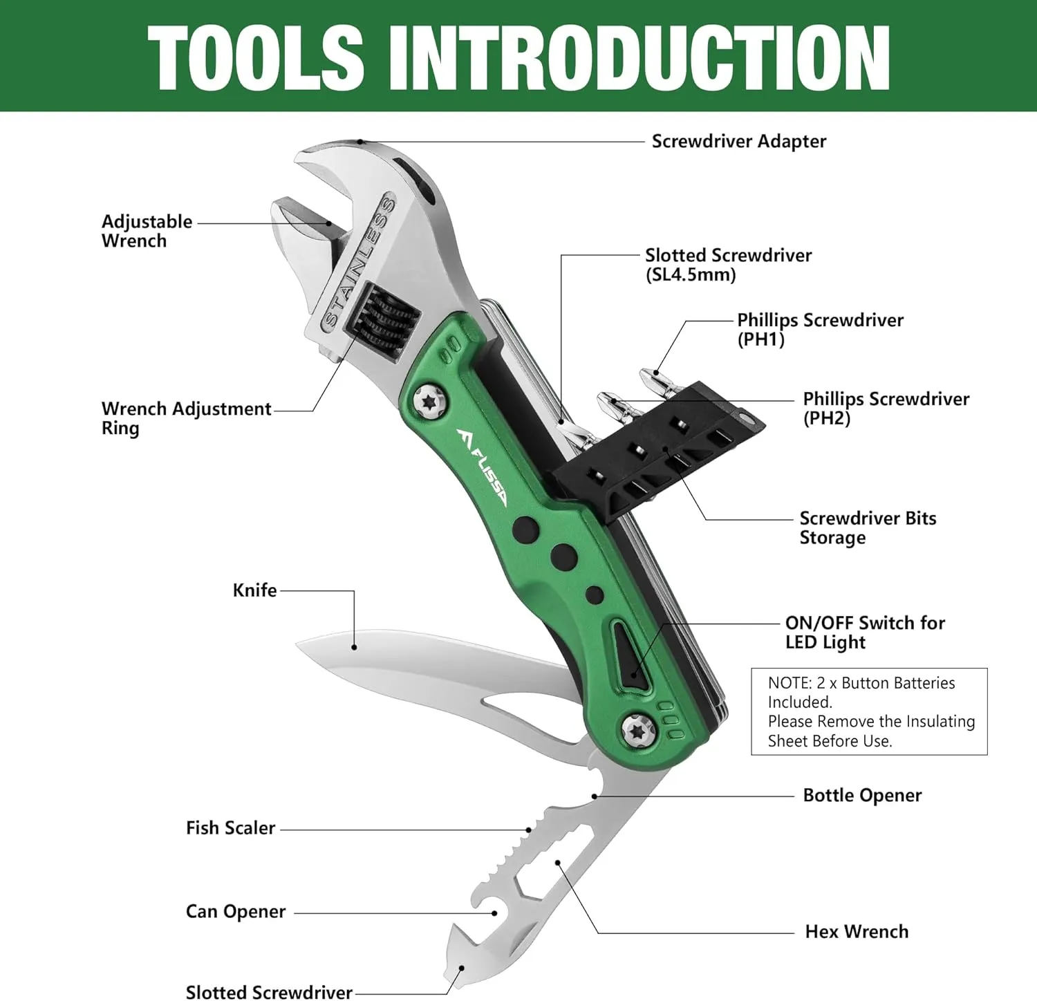 FLISSA 13-in-1 Multi Tool Wrench, Stainless Steel Multitool Adjustable Wrench with LED Light, EDC Pocket Knife with Sheath, Multipurpose Multi Use Tool