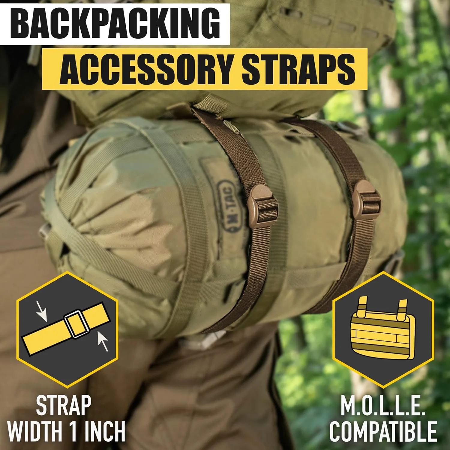 M-Tac Pack of 2X Utility Strap for Backpack Tactical Lashing for MOLLE Gear Plastic Buckle (Coyote, 40 inches)