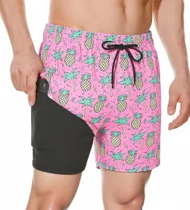 Mywu Mens Swim Trunks with Compression Liner 5 Inch Board Shorts Quick Dry Swimwear 2 in 1 Beach Shorts Bathing Suit
