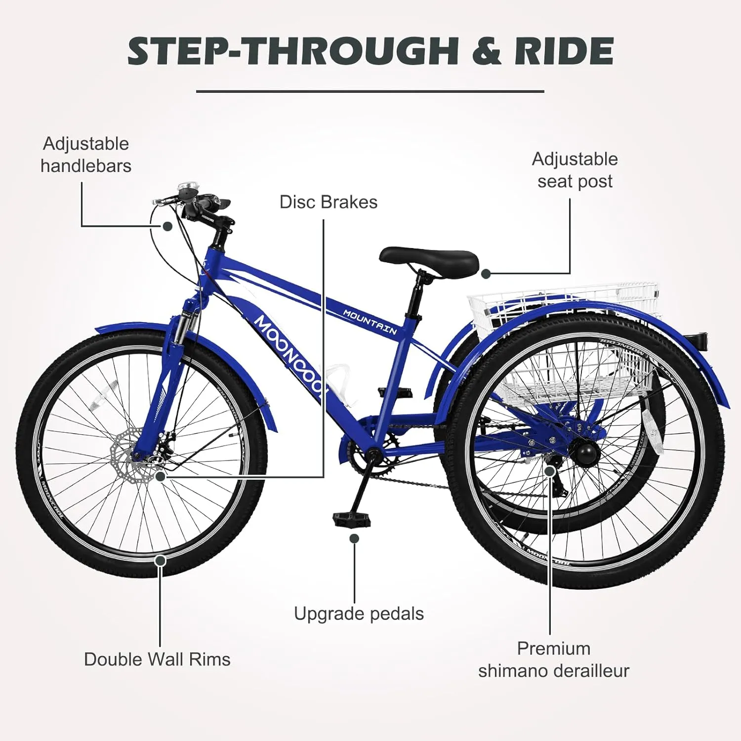 NAIZEA Adult Mountain Tricycle, 7 Speed Three Wheel Cruiser Bike, 27.5 Inch Adults Trikes with Shopping Basket, Exercise Men's Women's Tricycles, Multiple Colors