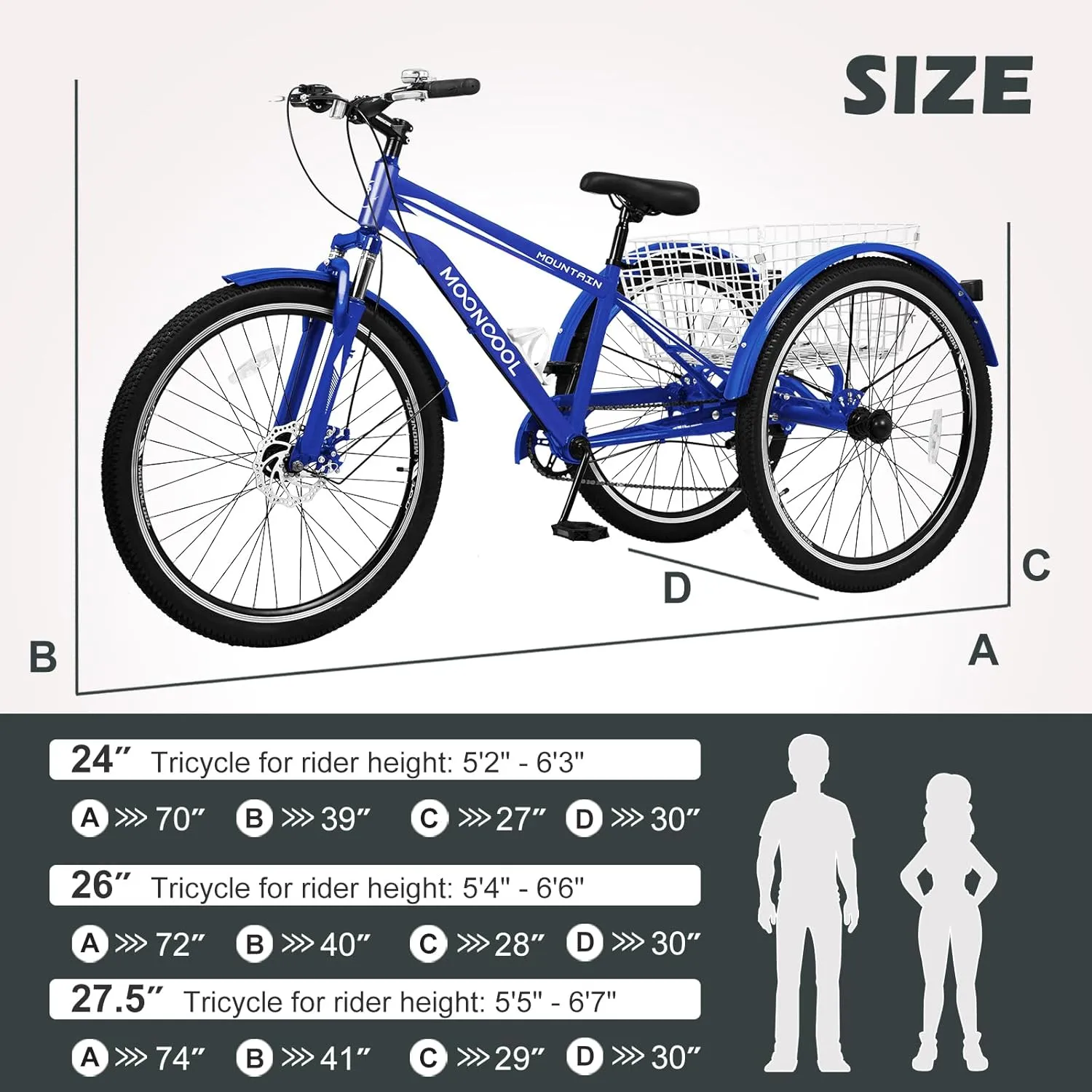 NAIZEA Adult Mountain Tricycle, 7 Speed Three Wheel Cruiser Bike, 27.5 Inch Adults Trikes with Shopping Basket, Exercise Men's Women's Tricycles, Multiple Colors