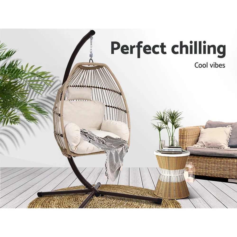 Outdoor Furniture Egg Hanging Swing Chair with Stand | Latte Wicker Rattan Hammock