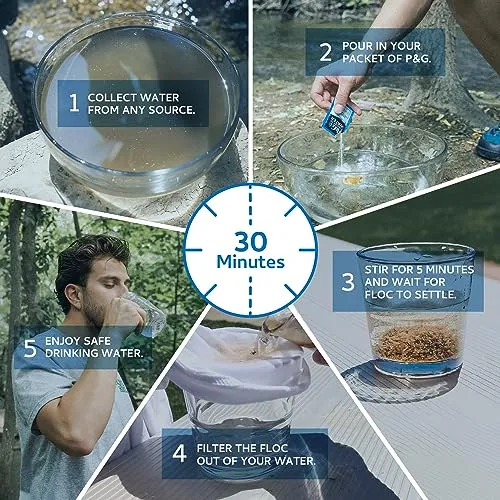 P&G Purifier of Water Portable Water Purifier Packets. Emergency Water Filter Purification Powder Packs for Camping, Hiking, Backpacking, Hunting, and Traveling. (12 Packets)