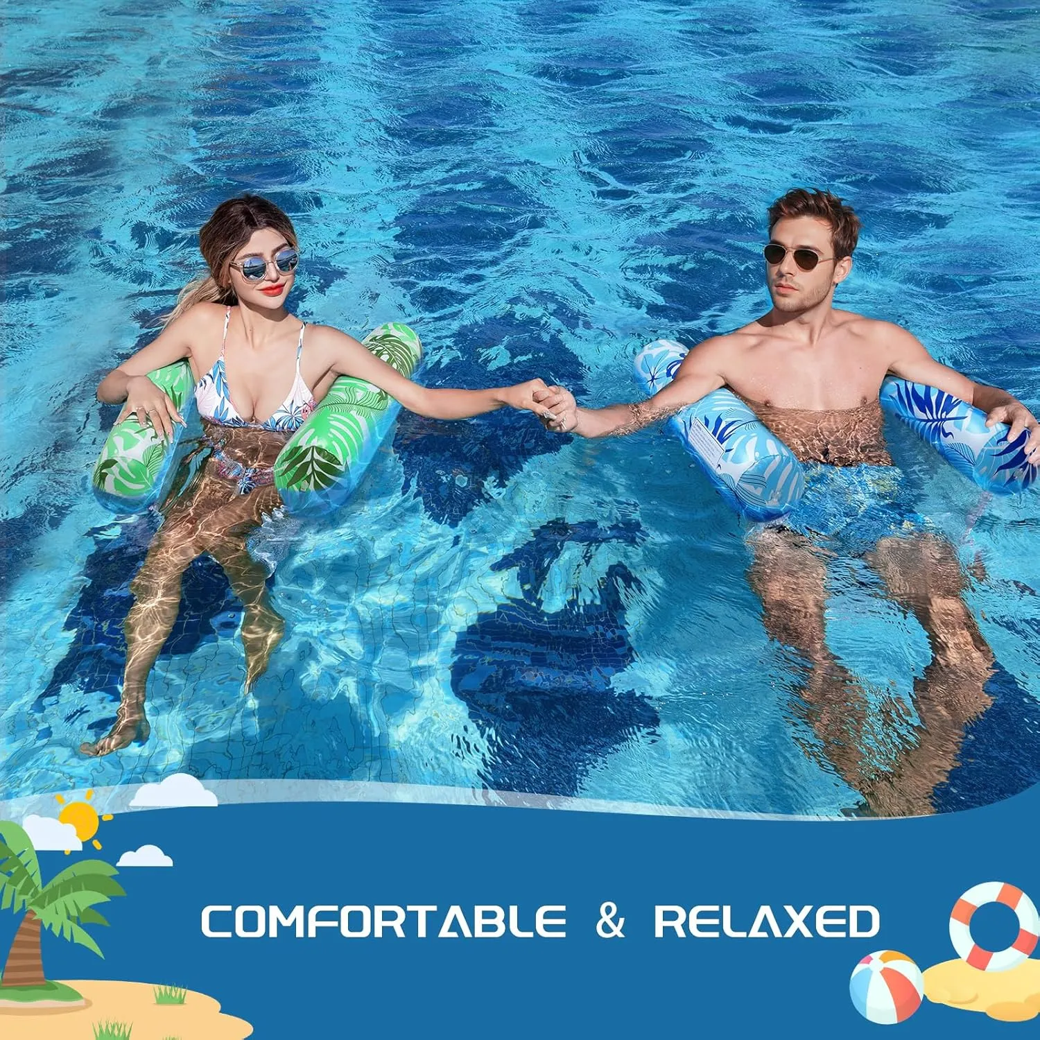 Pool Floats Adult, 2 Pack Inflatable Pool Floats, 4-in-1 Multi-Purpose Rafts Lounger Water Hammock for Swimming Pool, Thick PVC Pool Floaties for Adults Vacation