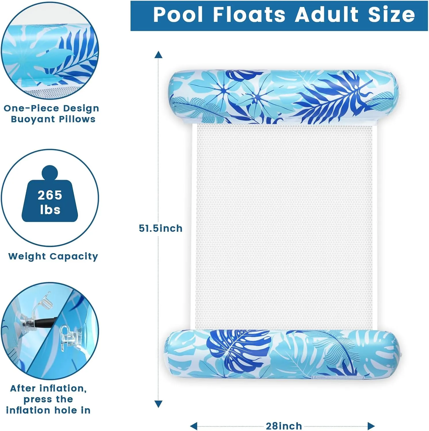 Pool Floats Adult, 2 Pack Inflatable Pool Floats, 4-in-1 Multi-Purpose Rafts Lounger Water Hammock for Swimming Pool, Thick PVC Pool Floaties for Adults Vacation