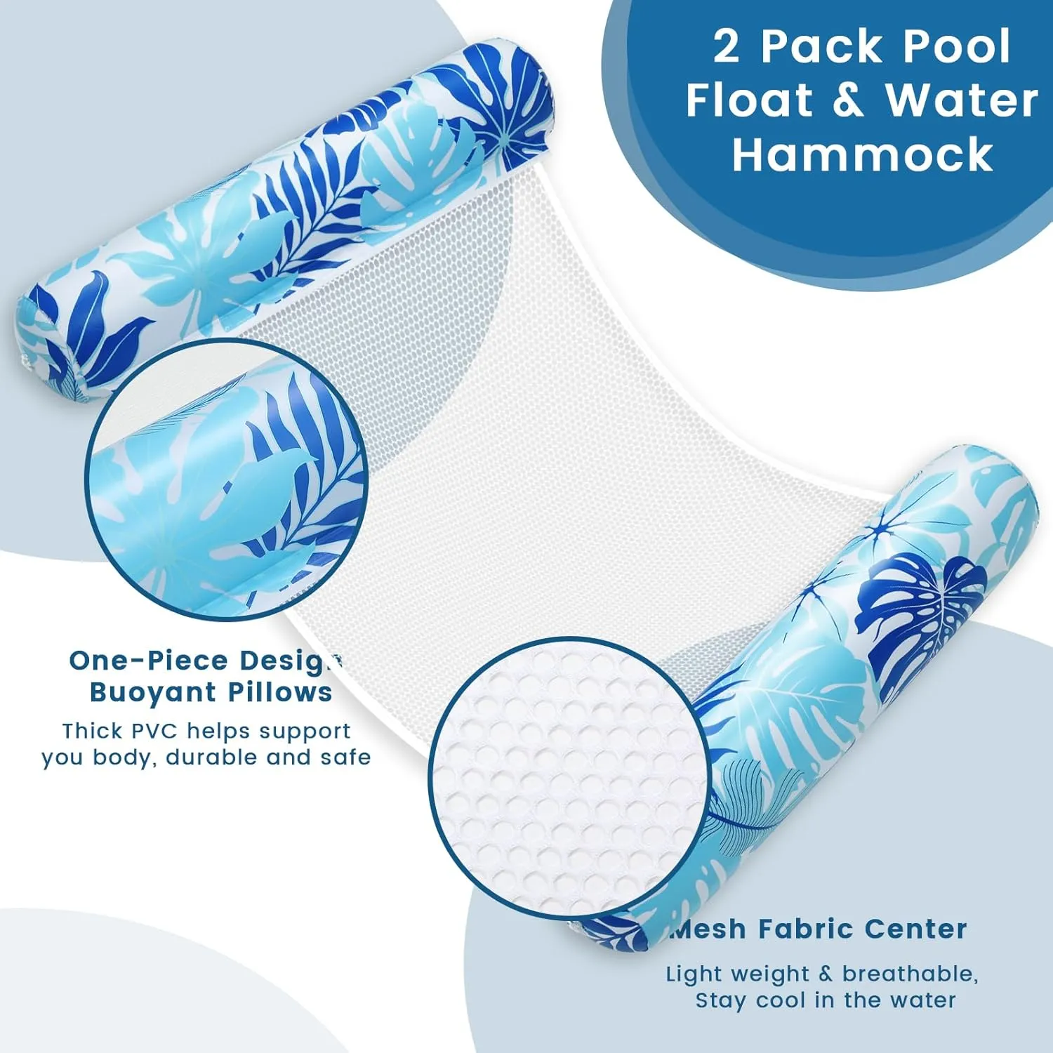 Pool Floats Adult, 2 Pack Inflatable Pool Floats, 4-in-1 Multi-Purpose Rafts Lounger Water Hammock for Swimming Pool, Thick PVC Pool Floaties for Adults Vacation