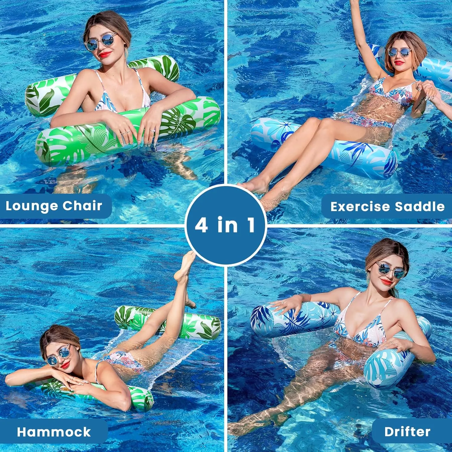 Pool Floats Adult, 2 Pack Inflatable Pool Floats, 4-in-1 Multi-Purpose Rafts Lounger Water Hammock for Swimming Pool, Thick PVC Pool Floaties for Adults Vacation