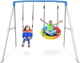 Trekassy Swing Sets for Backyard, 440lbs Heavy Duty A-Frame Metal Swing Stand with 1 Saucer Swing and 1 Toddler Swing Outdoor Kids Play Equipment for Playground Playset