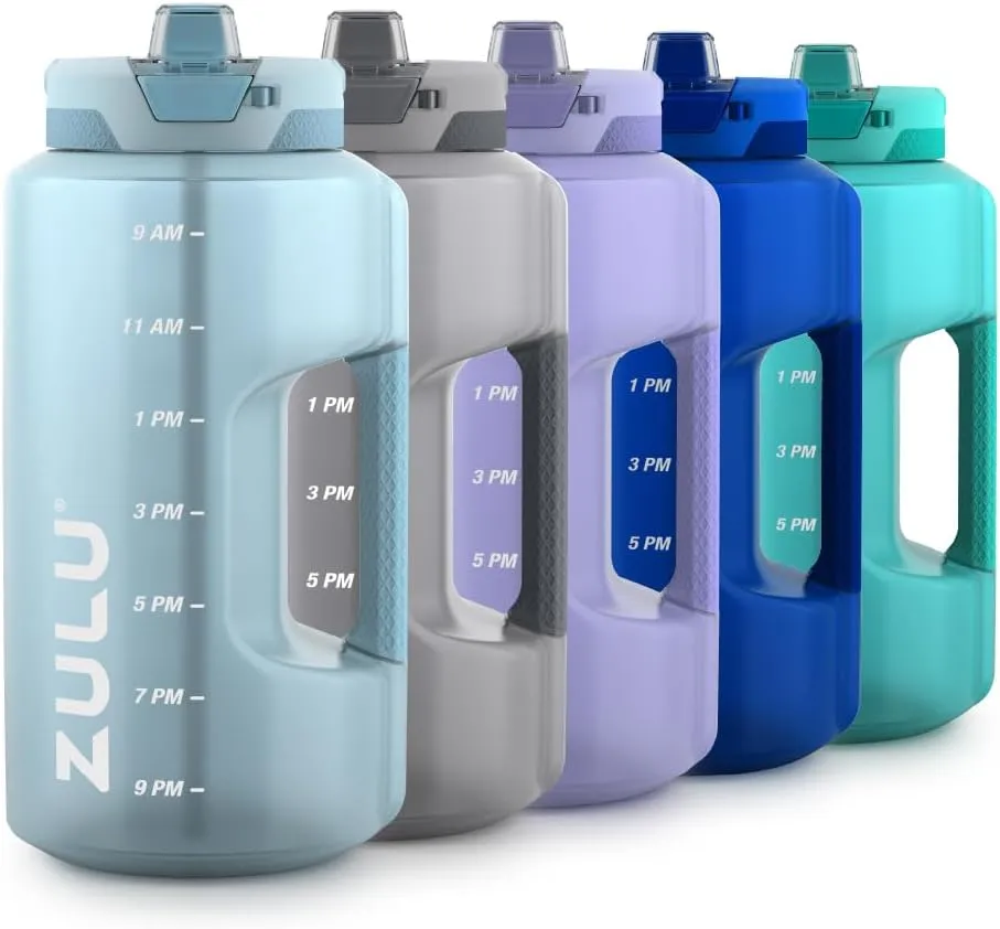 Zulu Goals Gallon 128oz Large Water Bottle Jug with Time Marker & Handle for All Day Hydration | Silicone Soft Straw with Locking Leak-Proof Lid | For Gym, Camping, Workout, and Outdoors | Dusty Blue